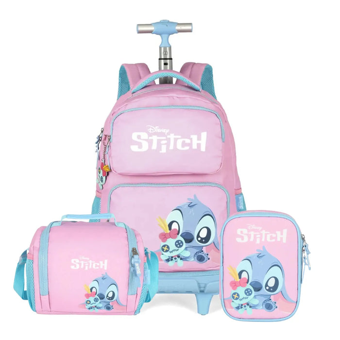 Kit Mochila Rodinha Stitch Rosa com Lancheira e Estojo Box