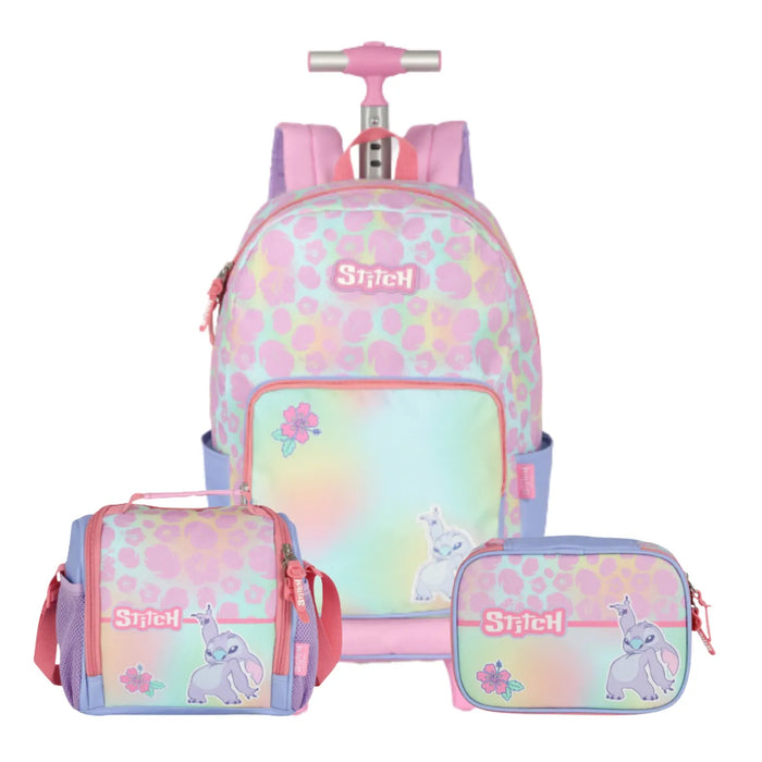 Kit Mochila Roda Stitch Rosa com Lancheira e Estojo Box