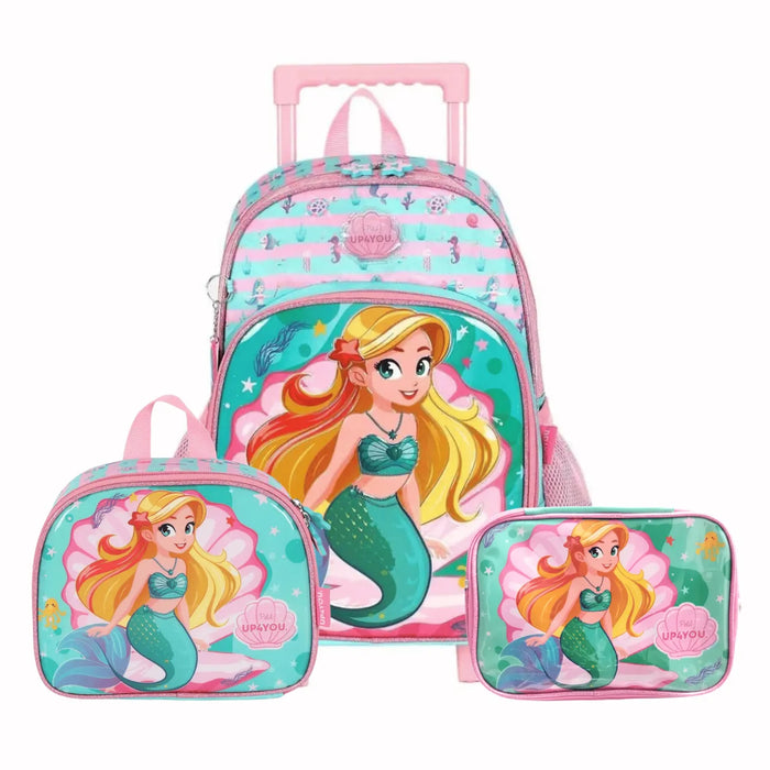 Kit Mochila Roda Sereia Verde com Lancheira e Estojo Box