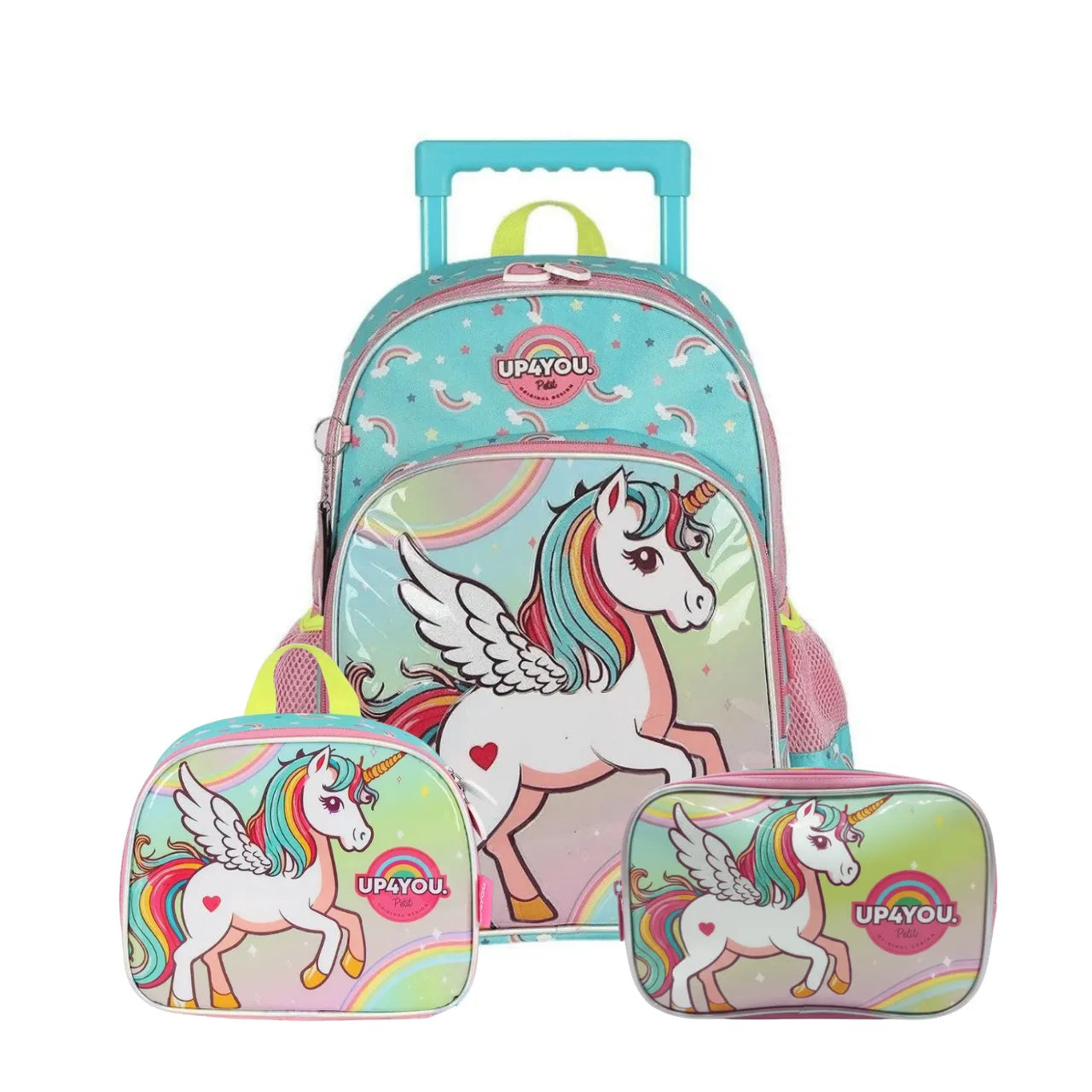Kit Mochila Roda Unicórnio Rosa com Lancheira e Estojo Box