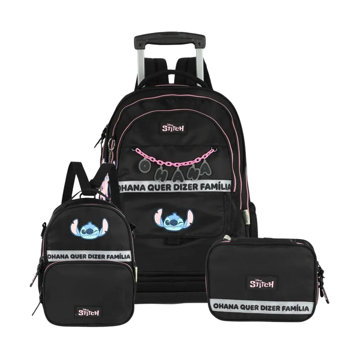 Kit Mochila Roda Stitch Preta com Lancheira e Estojo Box