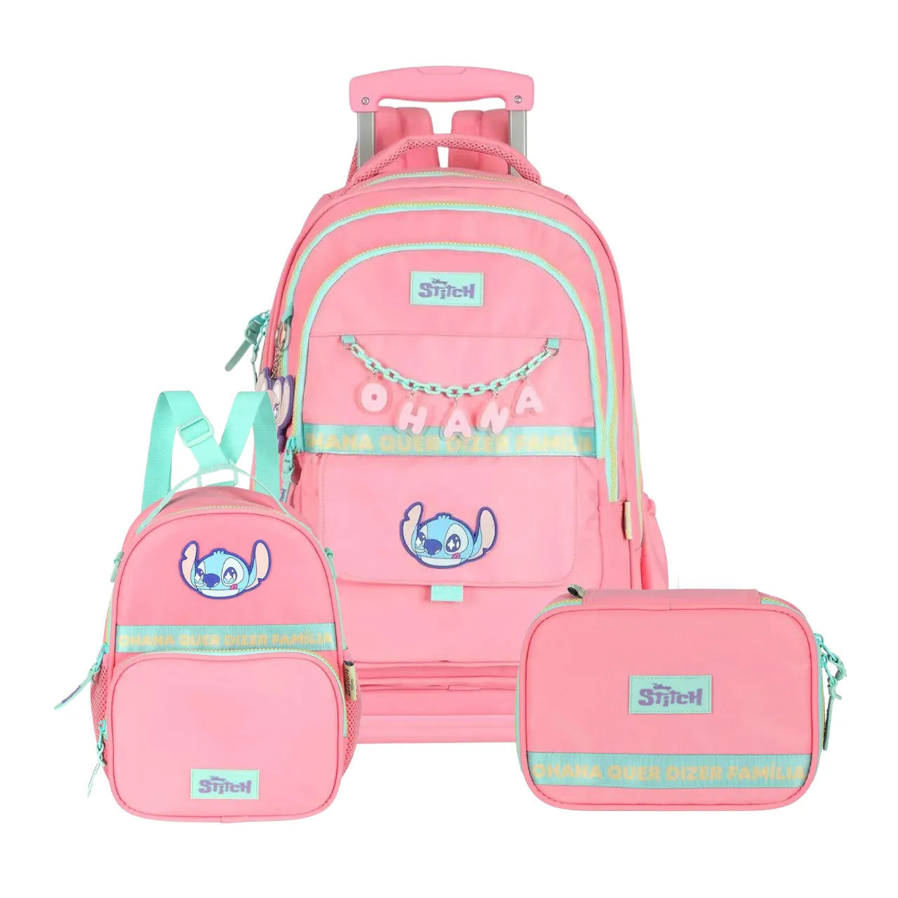 Kit Mochila Roda Stitch Salmão com Lancheira e Estojo Box