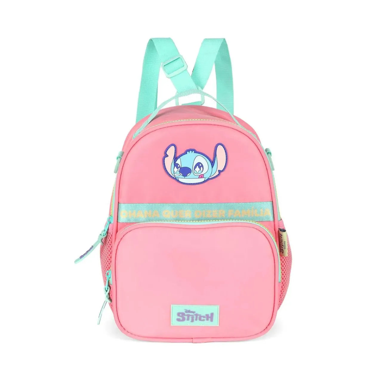 Kit Mochila Roda Stitch Salmão com Lancheira e Estojo Box