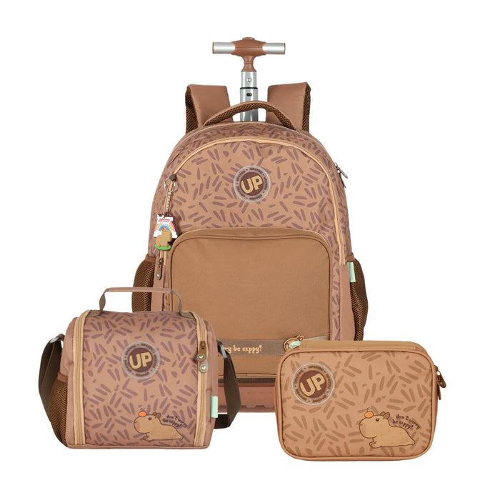 Kit Mochila Roda Capivara Marrom com Lancheira e Estojo Box