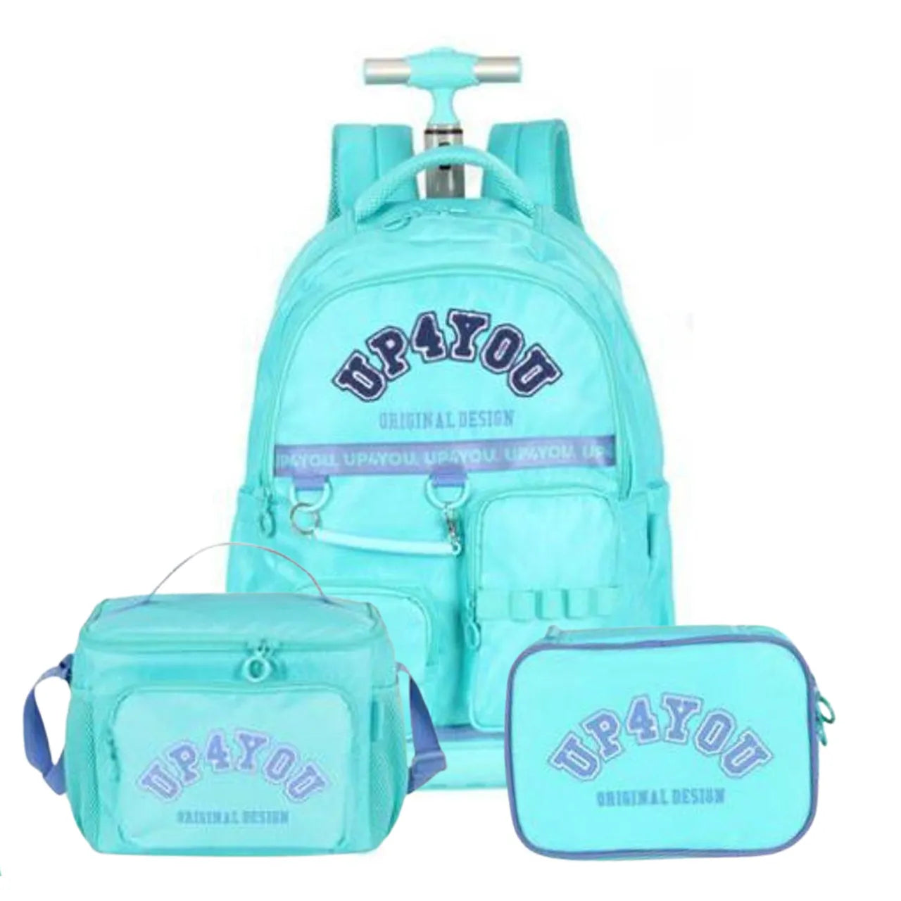 Kit Mochila Roda Up4You Turquesa com Lancheira e Estojo Box
