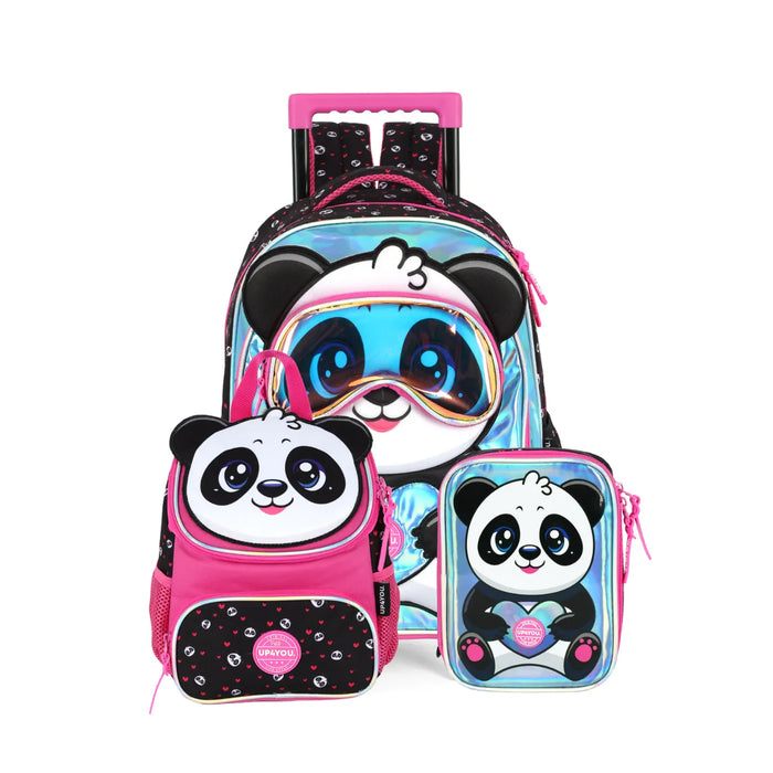 Kit Mochila Roda Panda Pink com Lancheira e Estojo Box