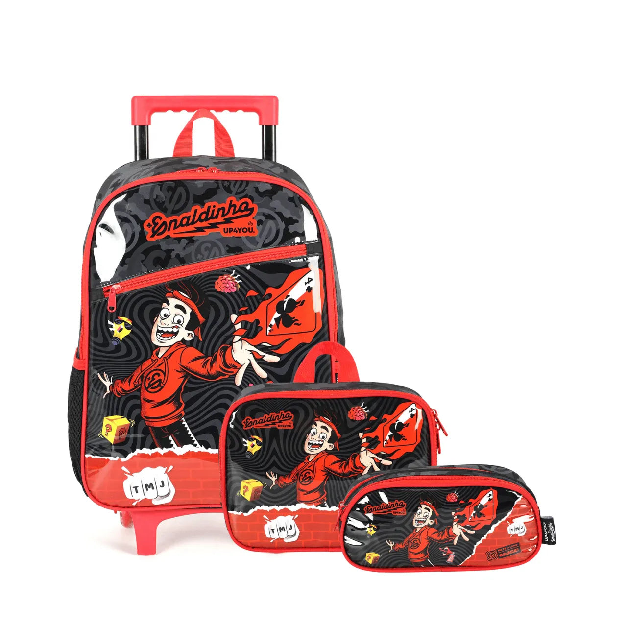 Kit Mochila de Rodas Enaldinho Preto com Lancheira e Estojo