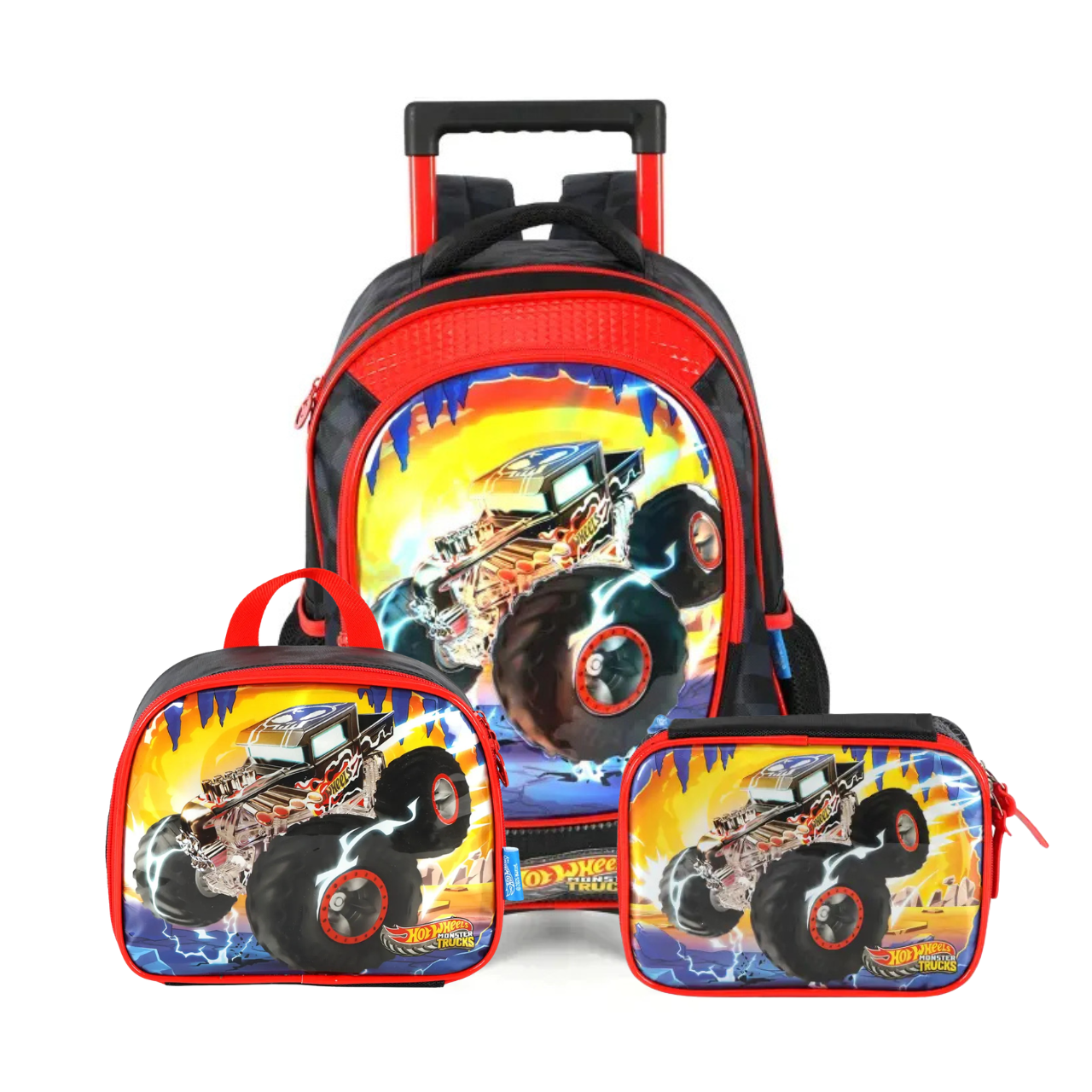 Kit Mochila de Rodas Hot Wheels Preto com Lancheira e Estojo Box