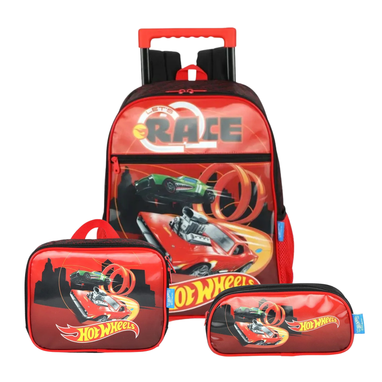 Kit Mochila de Rodas Hot Wheels Vermelha com Lancheira e Estojo