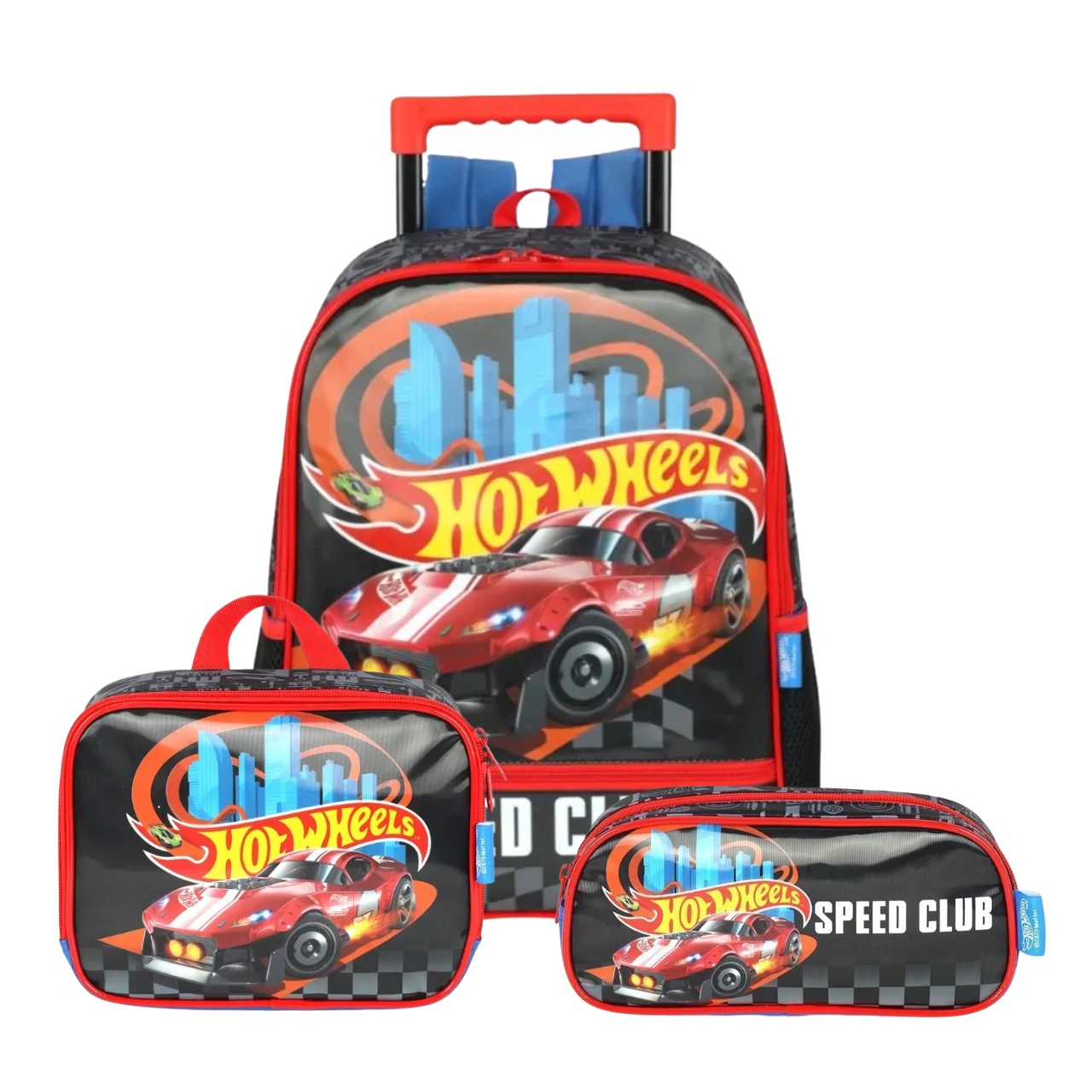 Kit Mochila de Rodas Hot Wheels Preto com Lancheira e Estojo