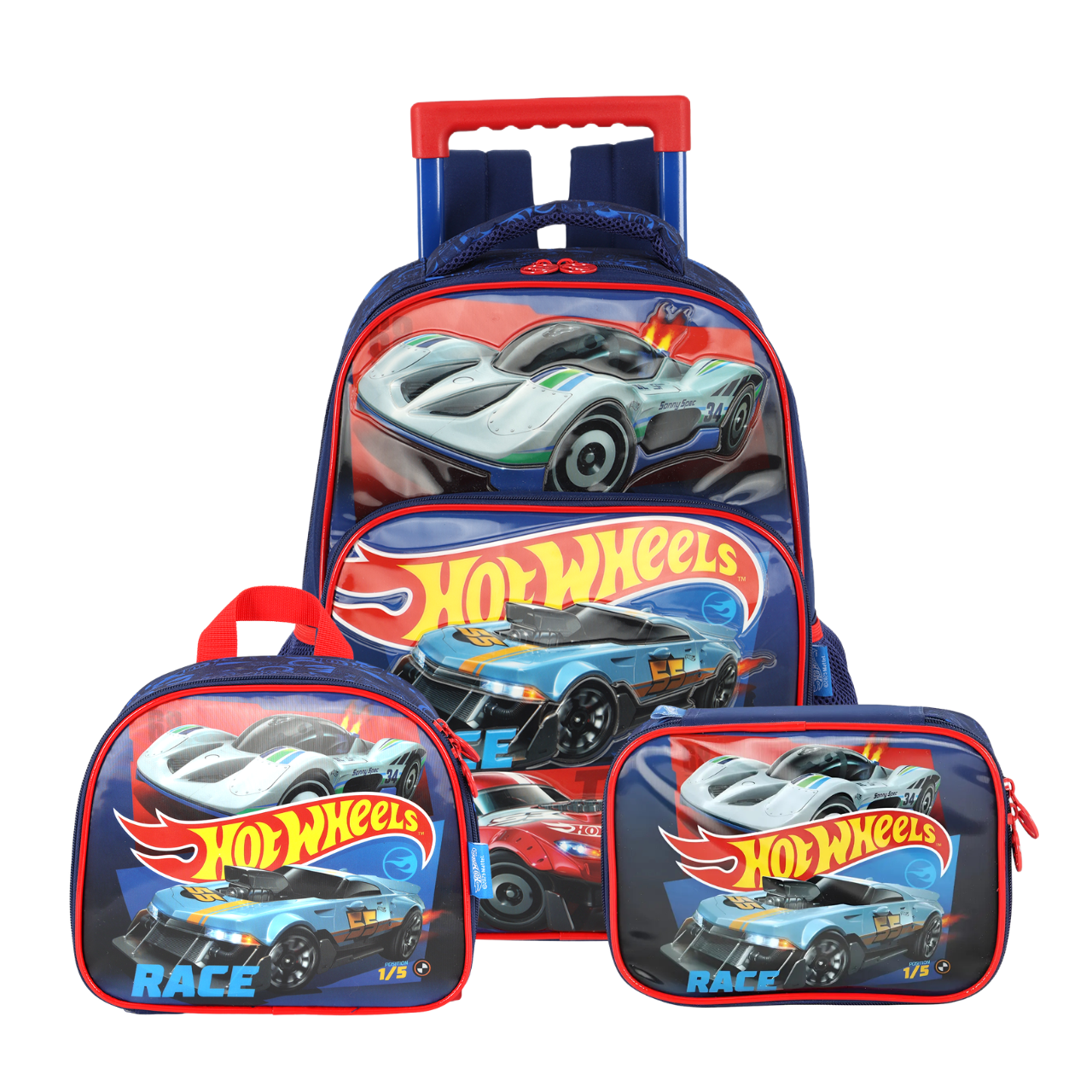 Kit Mochila de Rodas Hot Wheels Vermelha com Lancheira e Estojo