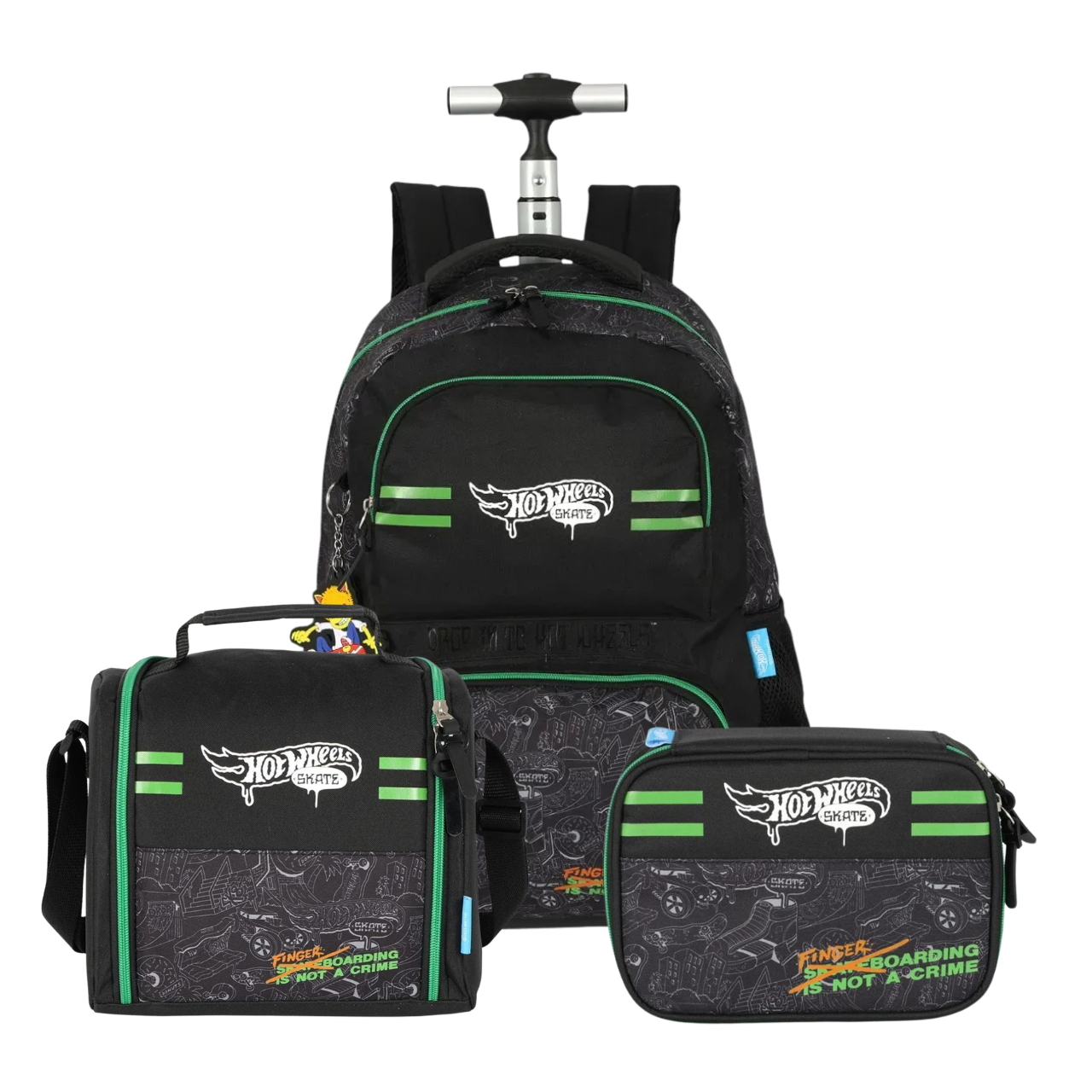 Kit Mochila de Rodas Hot Wheels Verde com Lancheira e Estojo