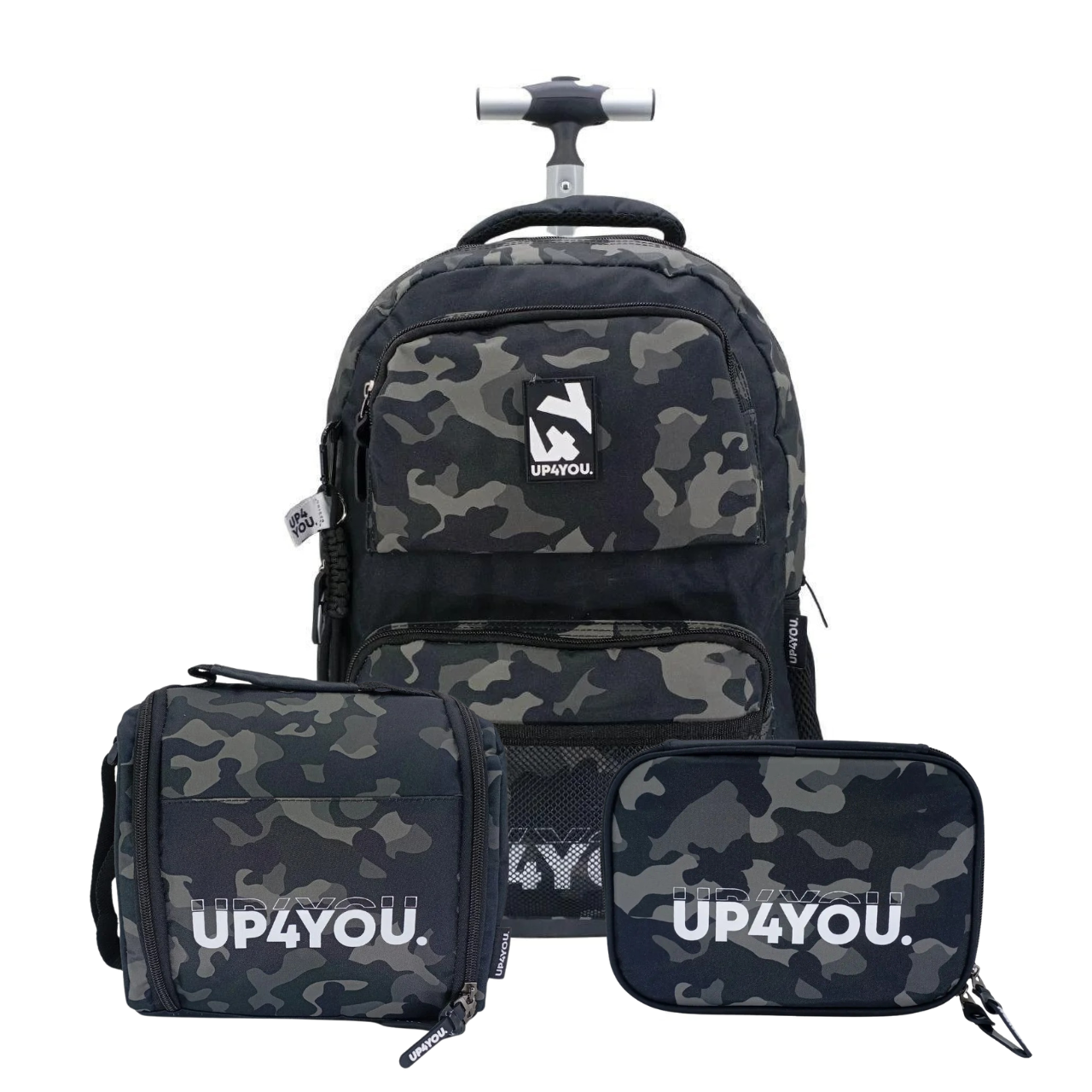 Kit Mochila de Rodas Camuflada Cinza com Lancheira e Estojo