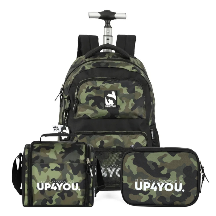 Kit Mochila de Rodas Camuflada Verde com Lancheira e Estojo