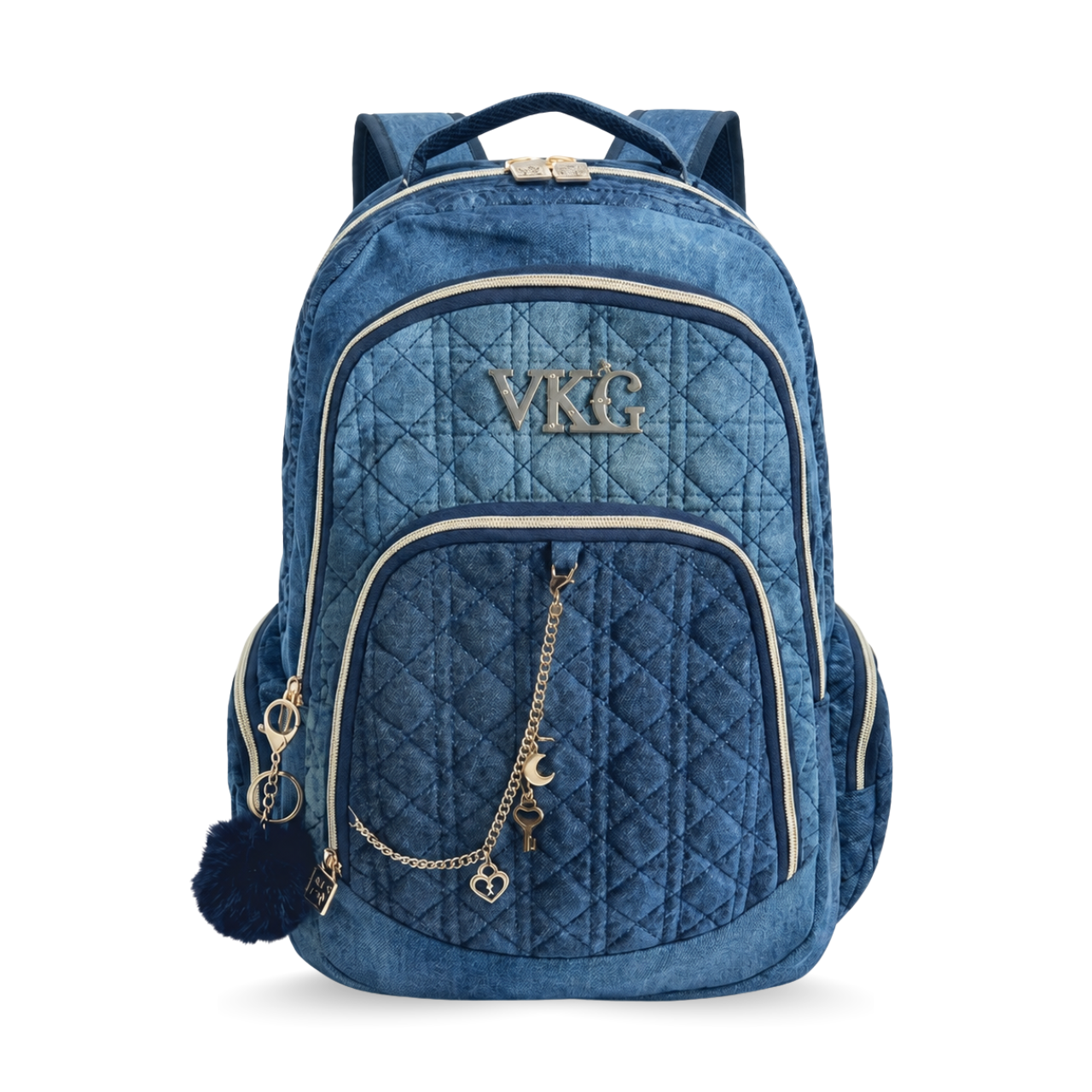 Kit Mochila de Costas Vkg Jeans Azul Bordado com Estojo Box