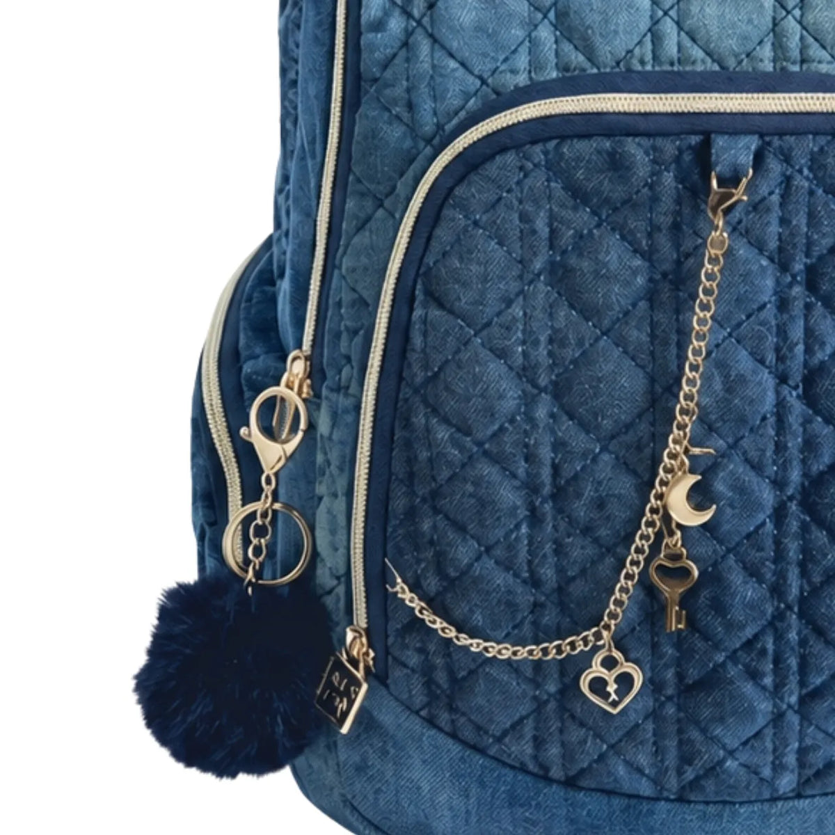 Kit Mochila de Costas Vkg Jeans Azul Bordado com Estojo Box