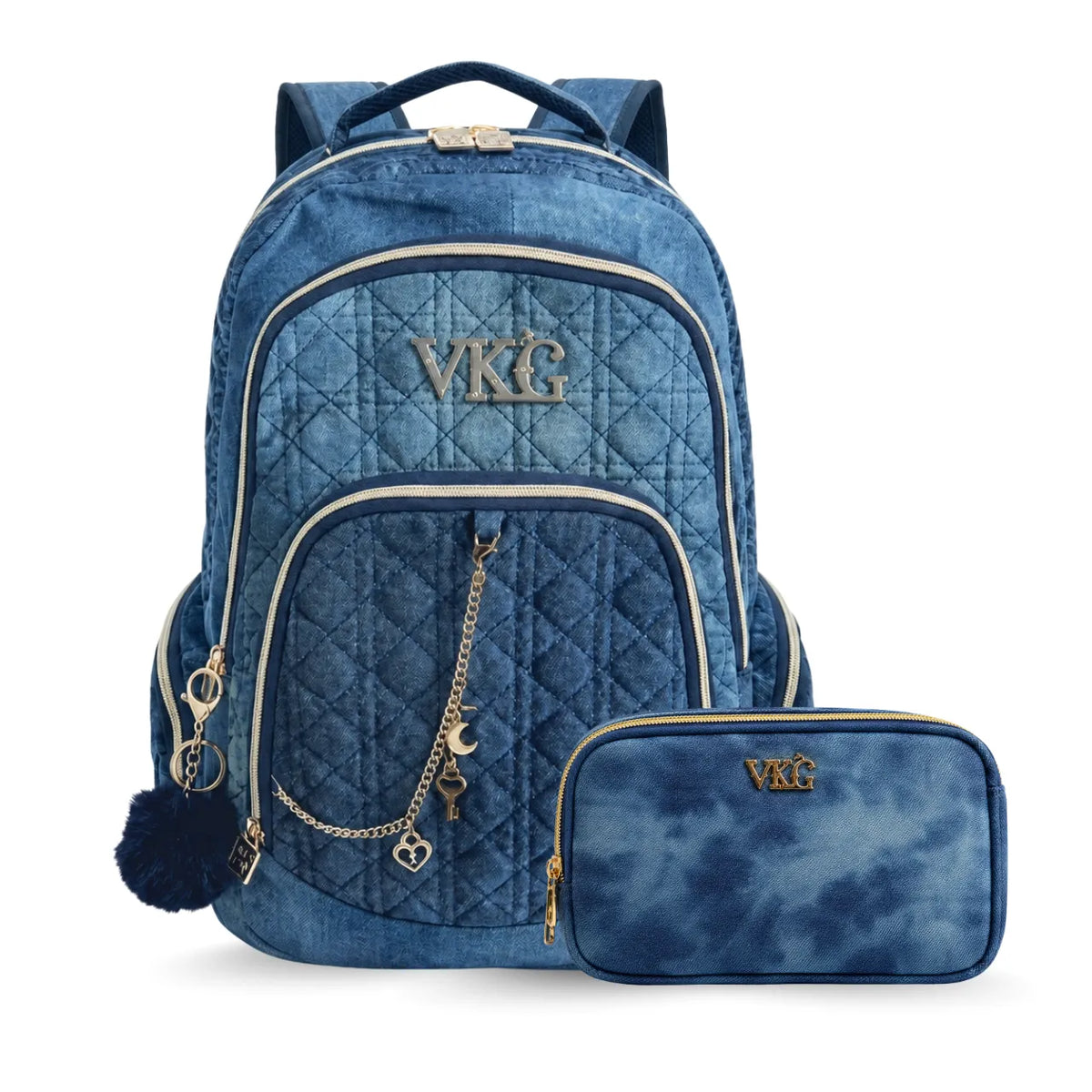 Kit Mochila de Costas Vkg Jeans Azul Bordado com Estojo Box