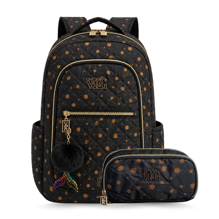 Kit Mochila de Costas Vkg Preta e Laranja com Estojo