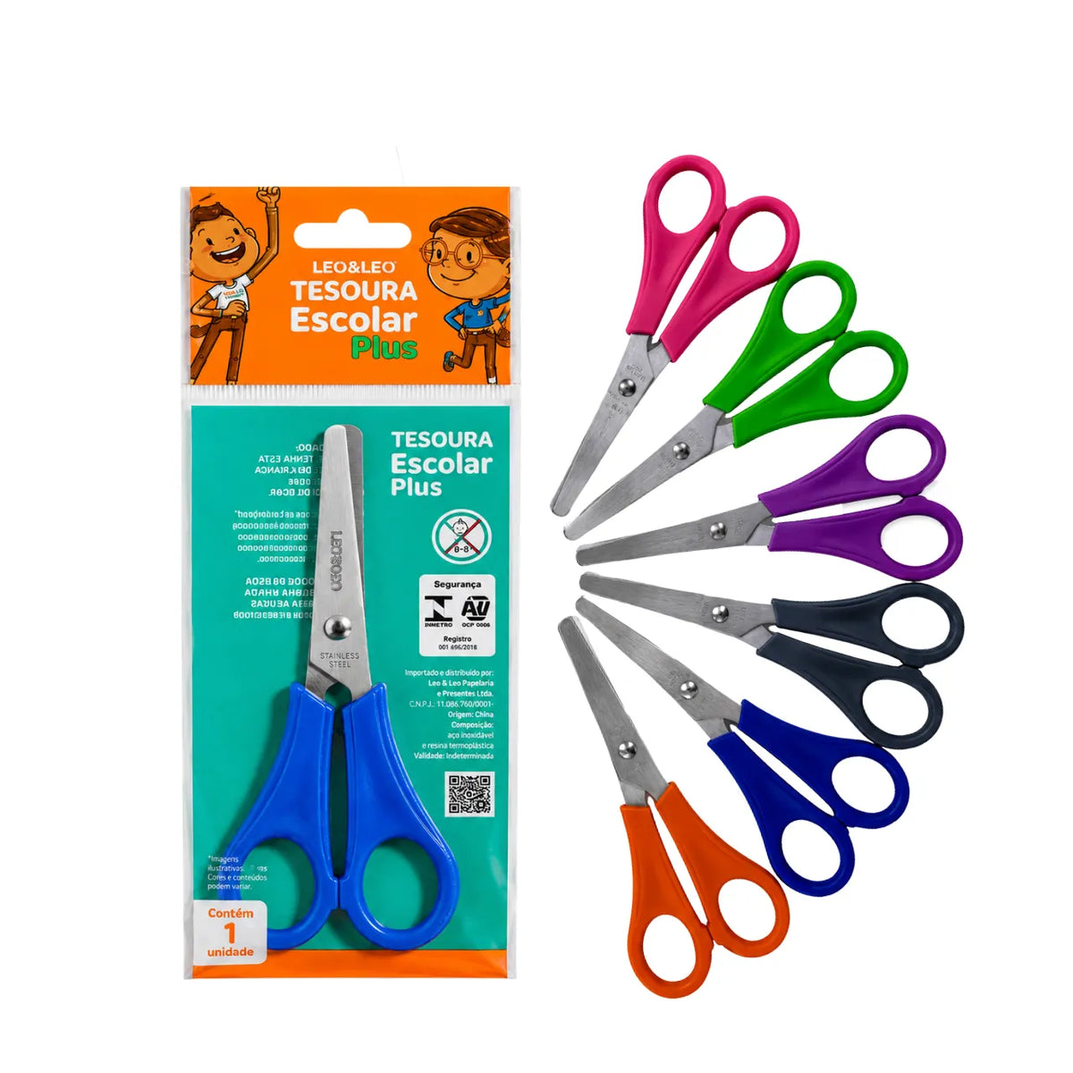 Tesoura Escolar Inox Plus Azul Leo e Leo