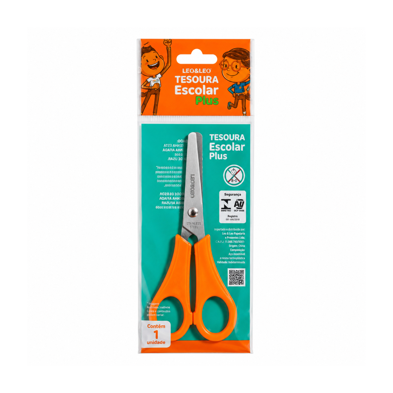 Tesoura Escolar Inox Plus Laranja Leo e Leo