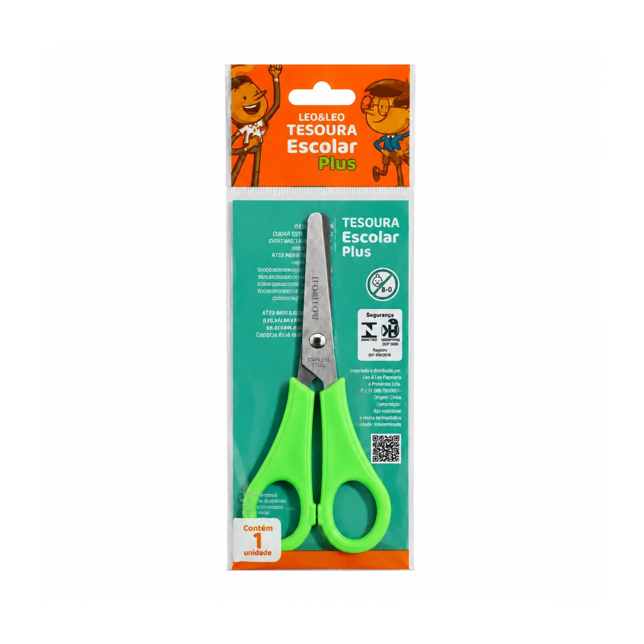 Tesoura Escolar Inox Plus Verde Leo e Leo