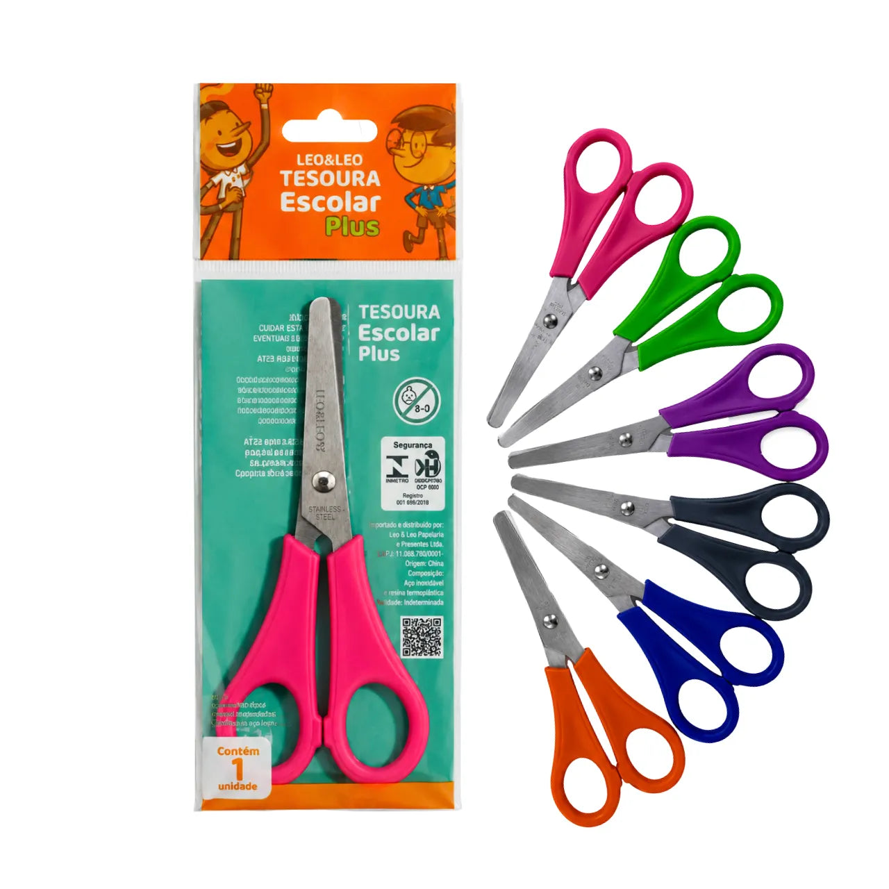 Tesoura Escolar Inox Plus Rosa Leo e Leo