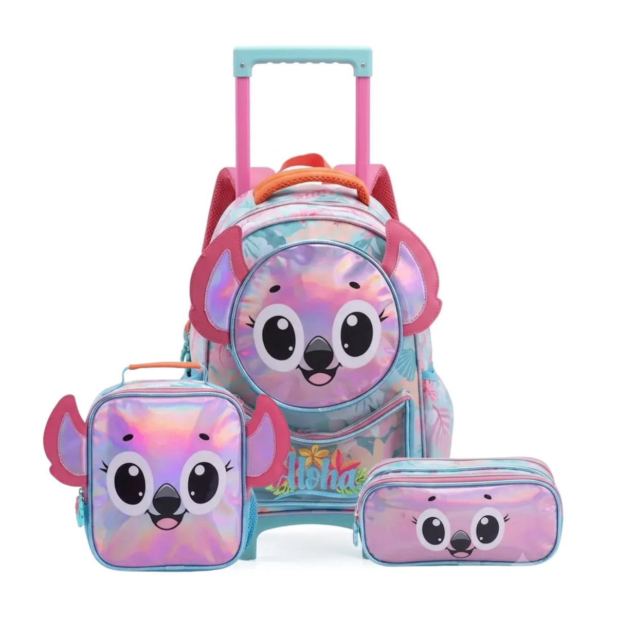 Kit Mochila de Rodas Aloha Rosa com Lancheira e Estojo