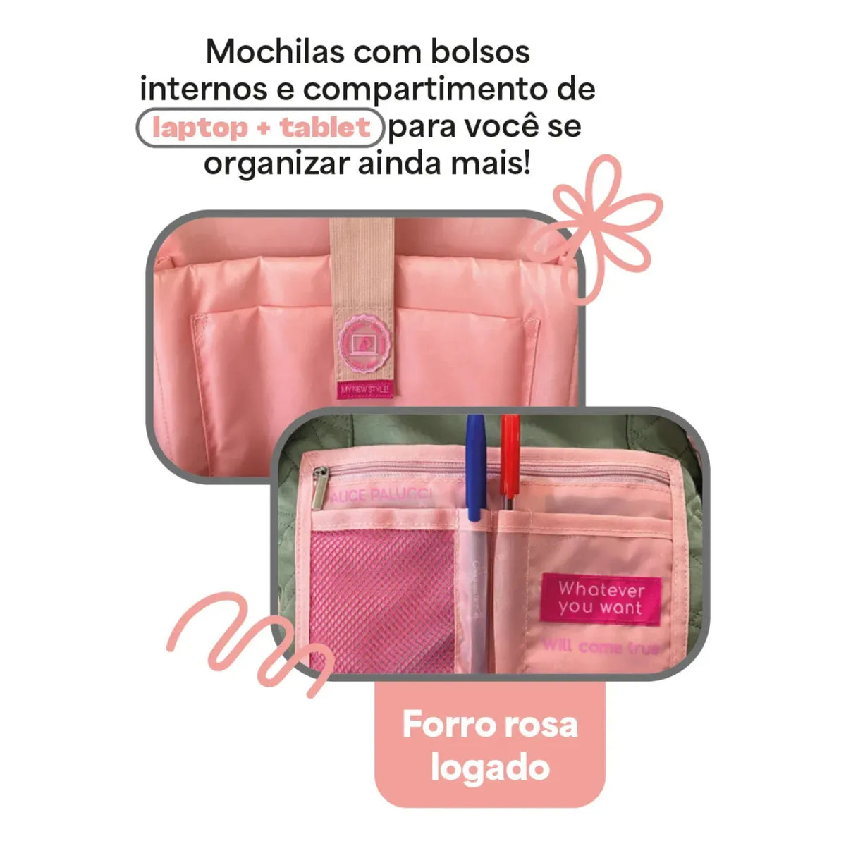 Kit Mochila De Rodas Juvenil Rosa Alice Palucci com Lancheira e Estojo Box