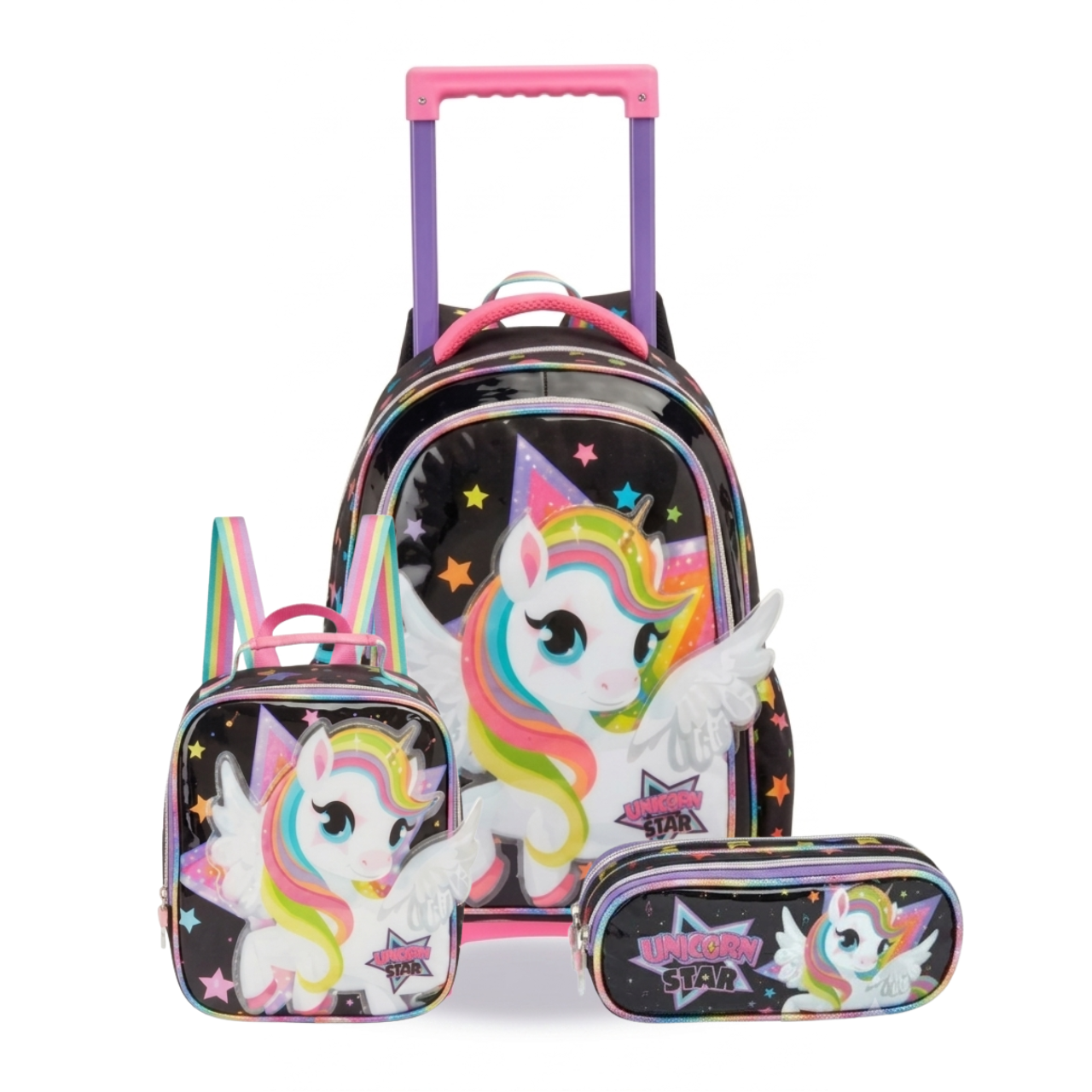 Kit Mochila de Rodas Unicórnio Rock Star com Lancheira e Estojo