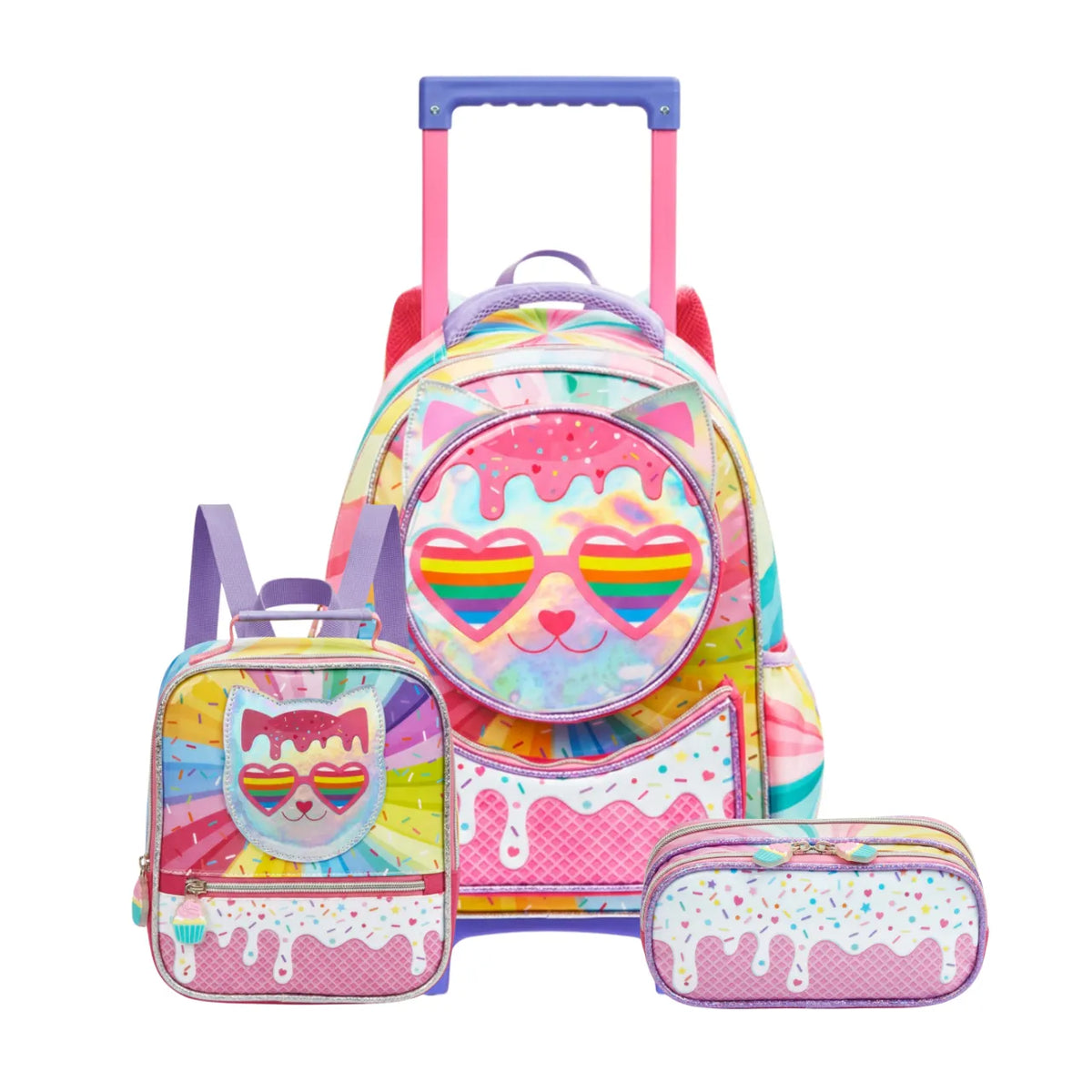 Kit Mochila de Rodas Candy Cat com Lancheira e Estojo