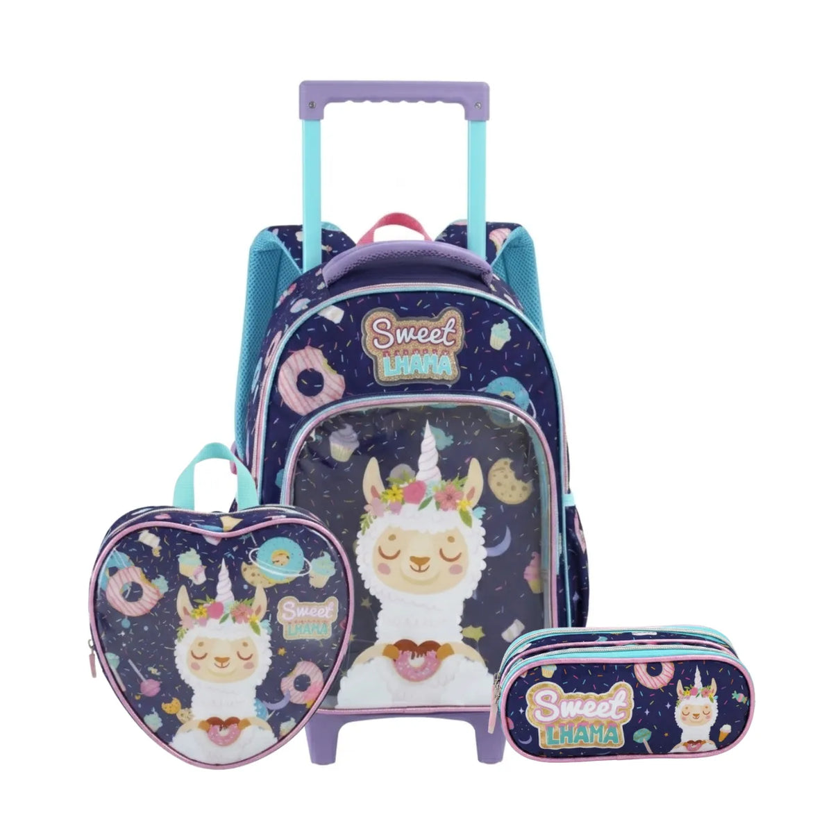 Kit Mochila de Rodas Sweet Lhama com Lancheira e Estojo