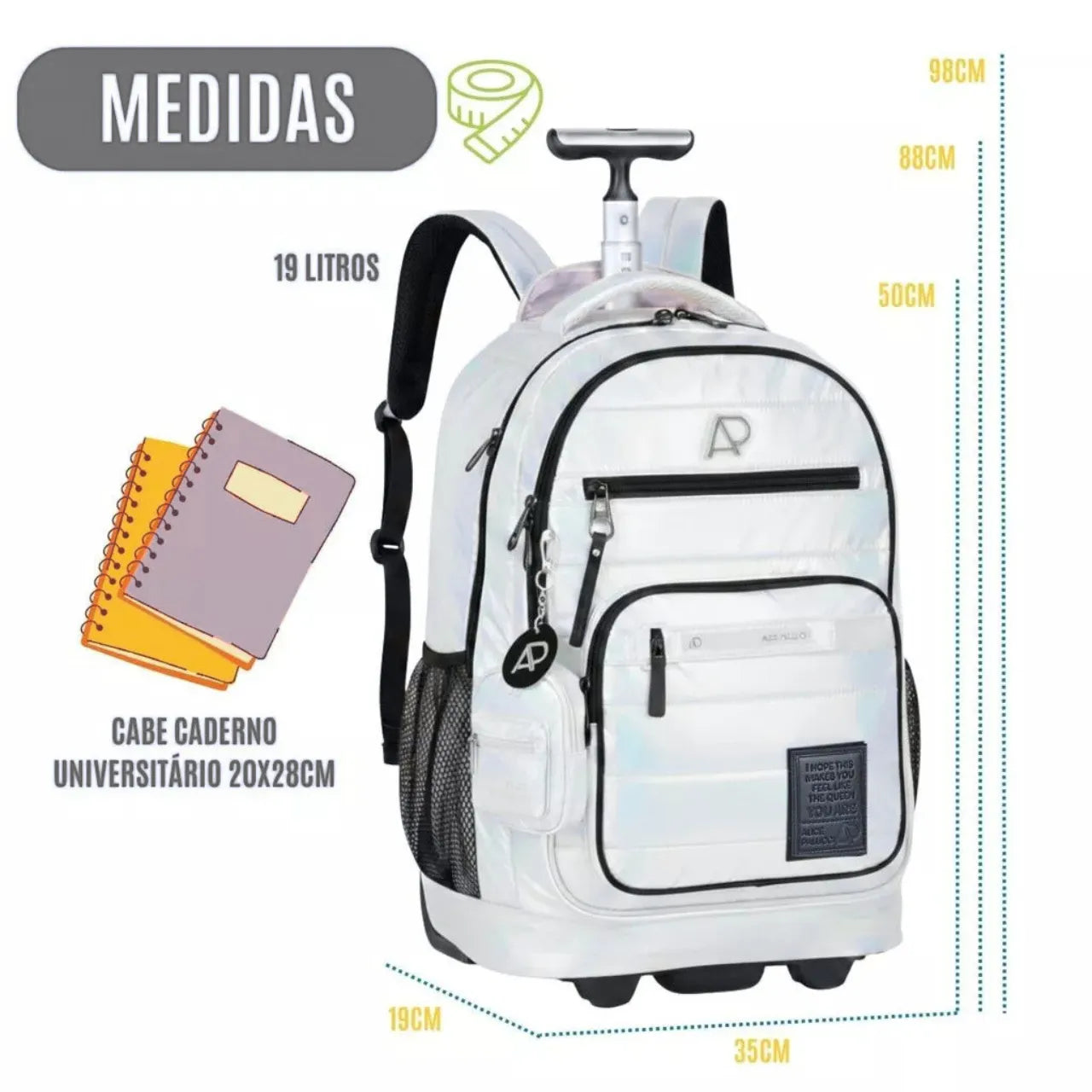 Mochila De Roda Juvenil Metalizado Branco Alice Palucci Com Estojo