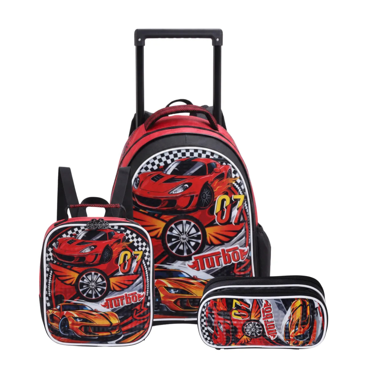Kit Mochila de Rodas Carros Turbo com Lancheira e Estojo