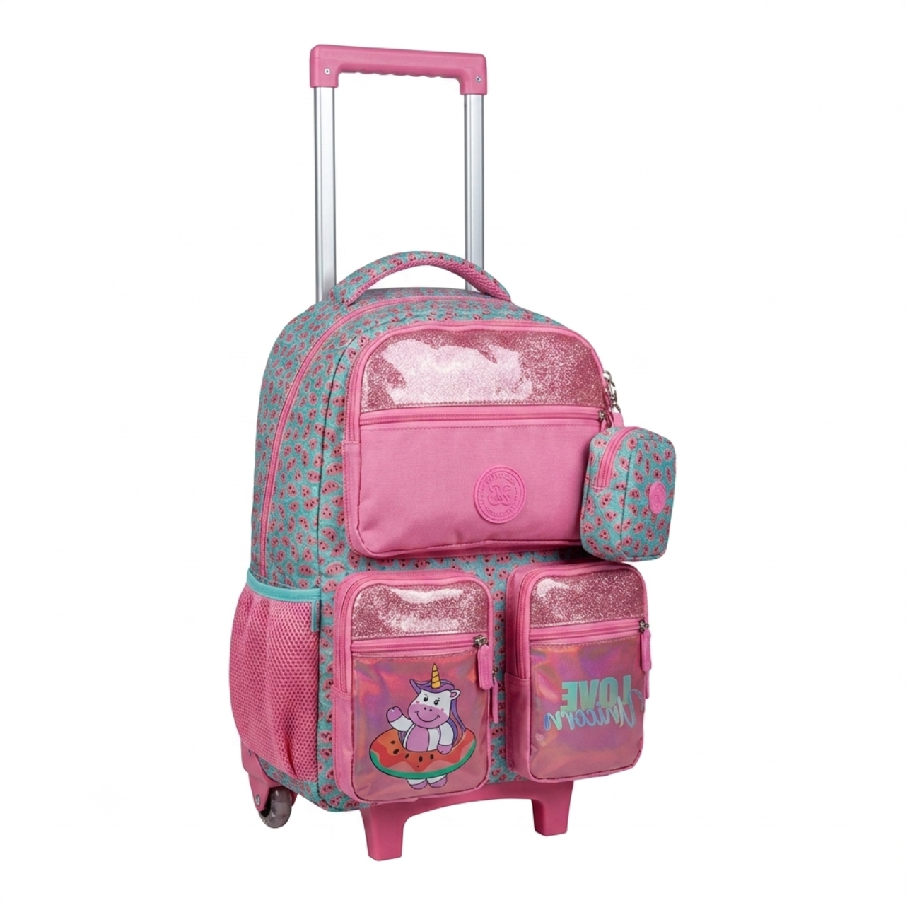 Kit Mochila de Rodas Love Unicorn com Lancheira e Estojo