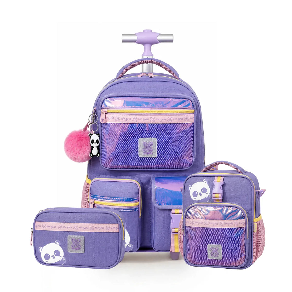 Kit Mochila de Rodinhas Panda com Lancheira e Estojo