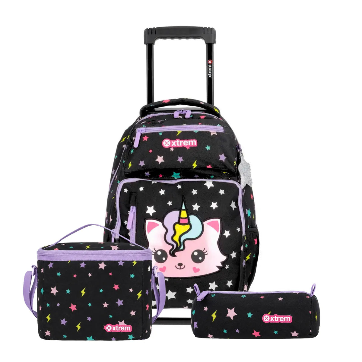 Kit Mochila de Rodas Gato Preto com Lancheira e Estojo