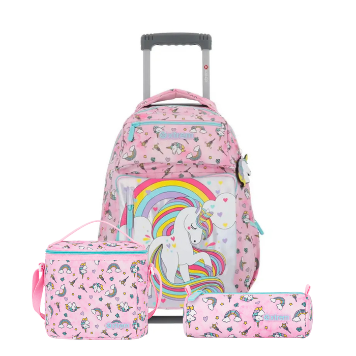 Kit Mochila de Rodas Unicórnio Rosa com Lancheira e Estojo