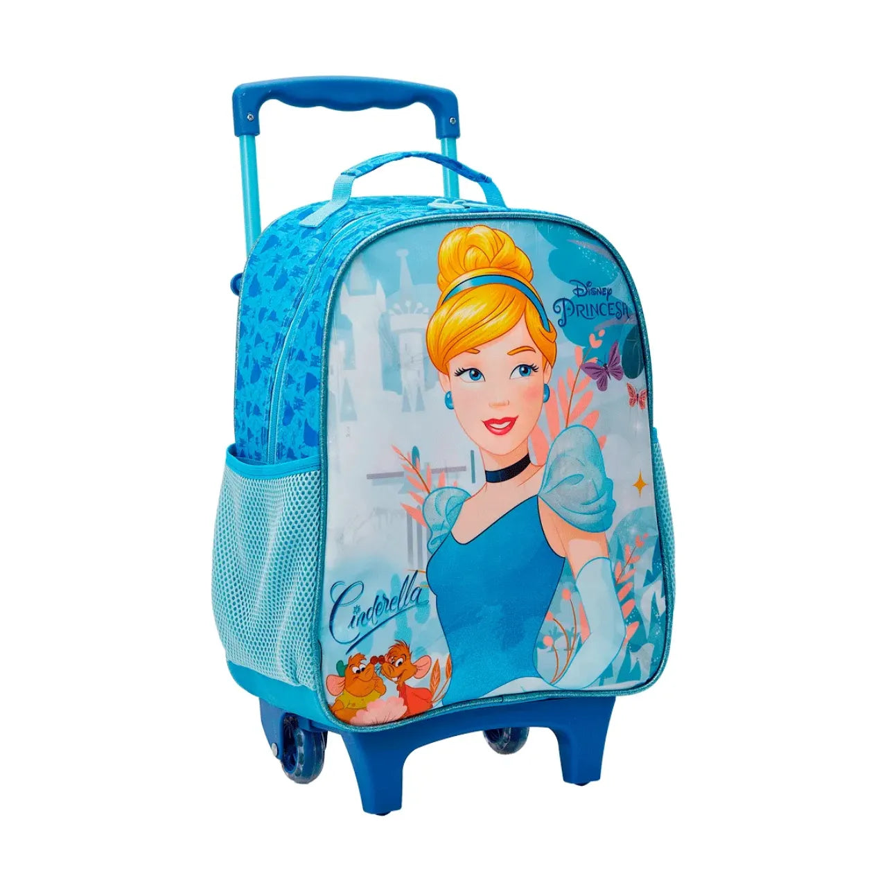 Kit Mochila de Rodas Cinderela Azul com Lancheira e Estojo