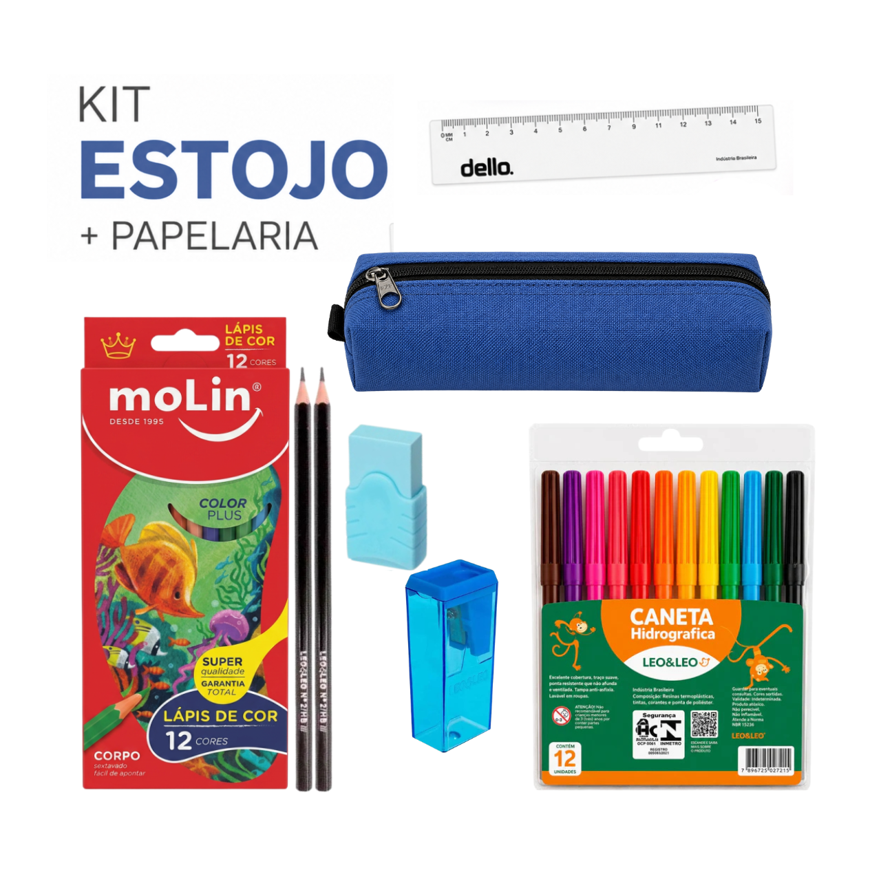 Kit Estojo Escolar Azul ACP com 6 Itens de Papelaria