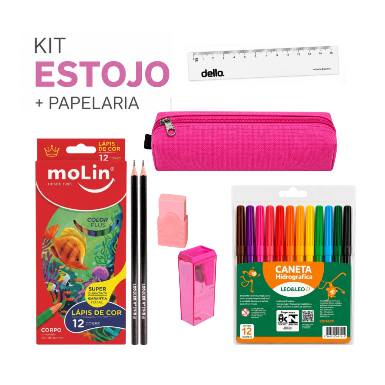Kit Estojo Escolar Rosa ACP com 6 Itens de Papelaria