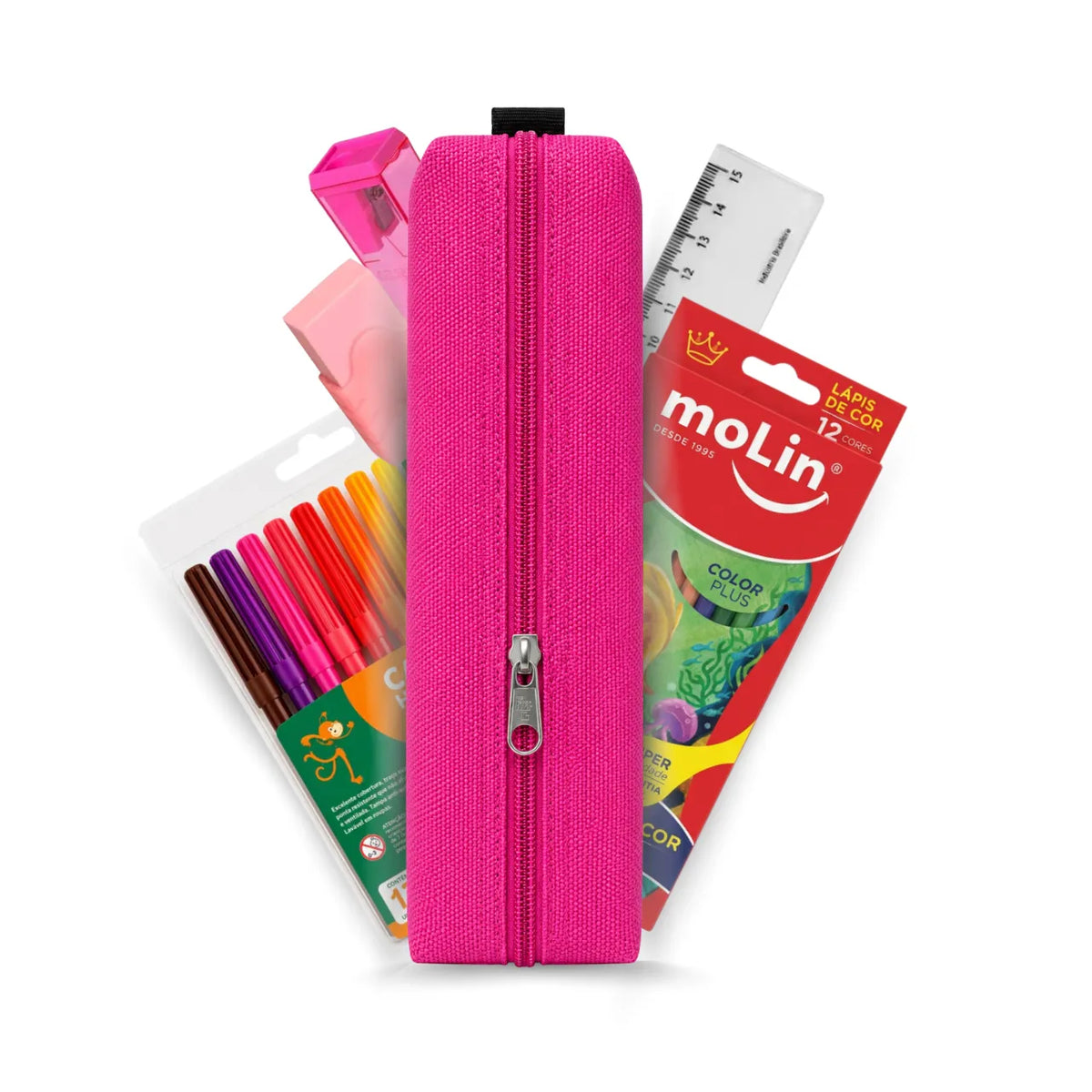 Kit Estojo Escolar Rosa ACP com 6 Itens de Papelaria