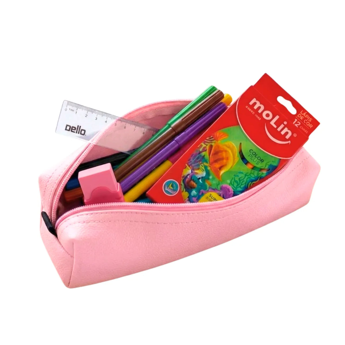 Kit Estojo Escolar Rosa ACP com 6 Itens de Papelaria