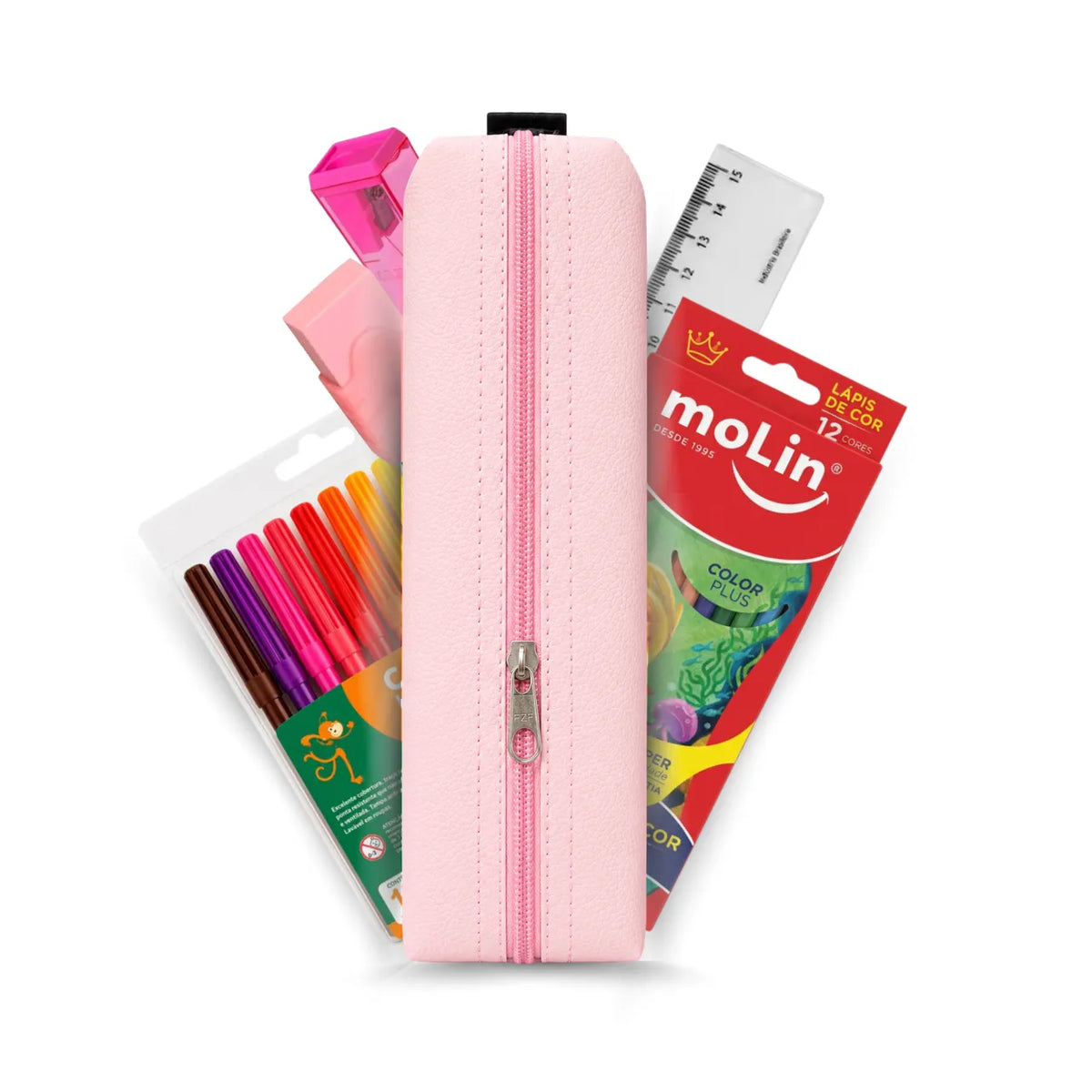 Kit Estojo Escolar Rosa ACP com 6 Itens de Papelaria