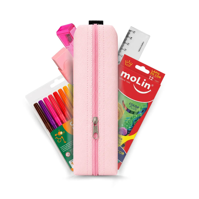 Kit Estojo Escolar Rosa ACP com 6 Itens de Papelaria