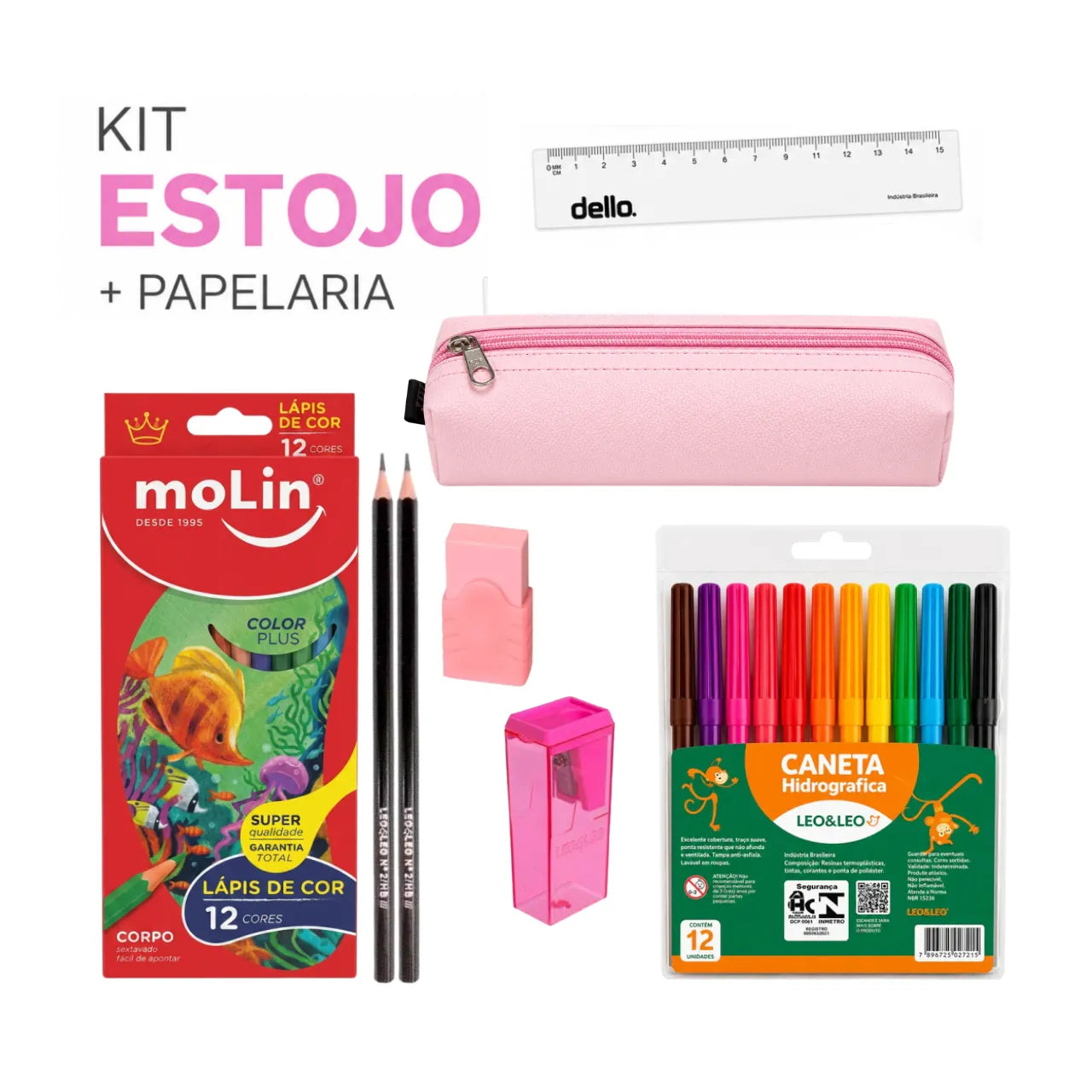 Kit Estojo Escolar Rosa ACP com 6 Itens de Papelaria