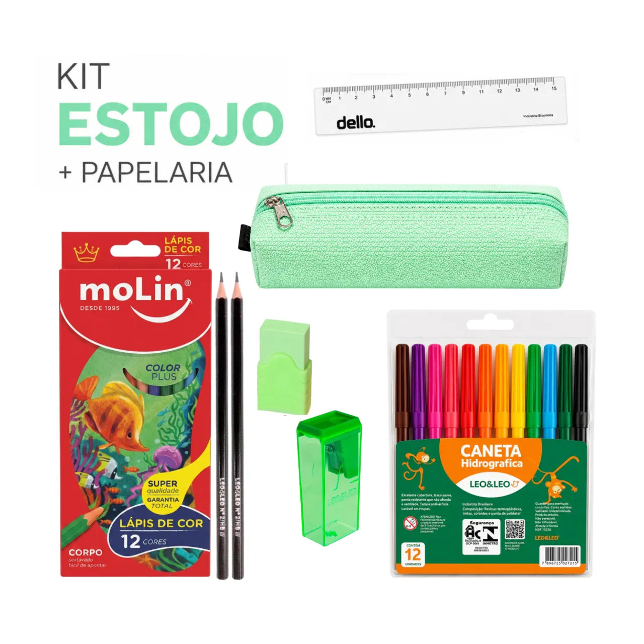 Kit Estojo Escolar Verde Acp com 6 Itens de Papelaria