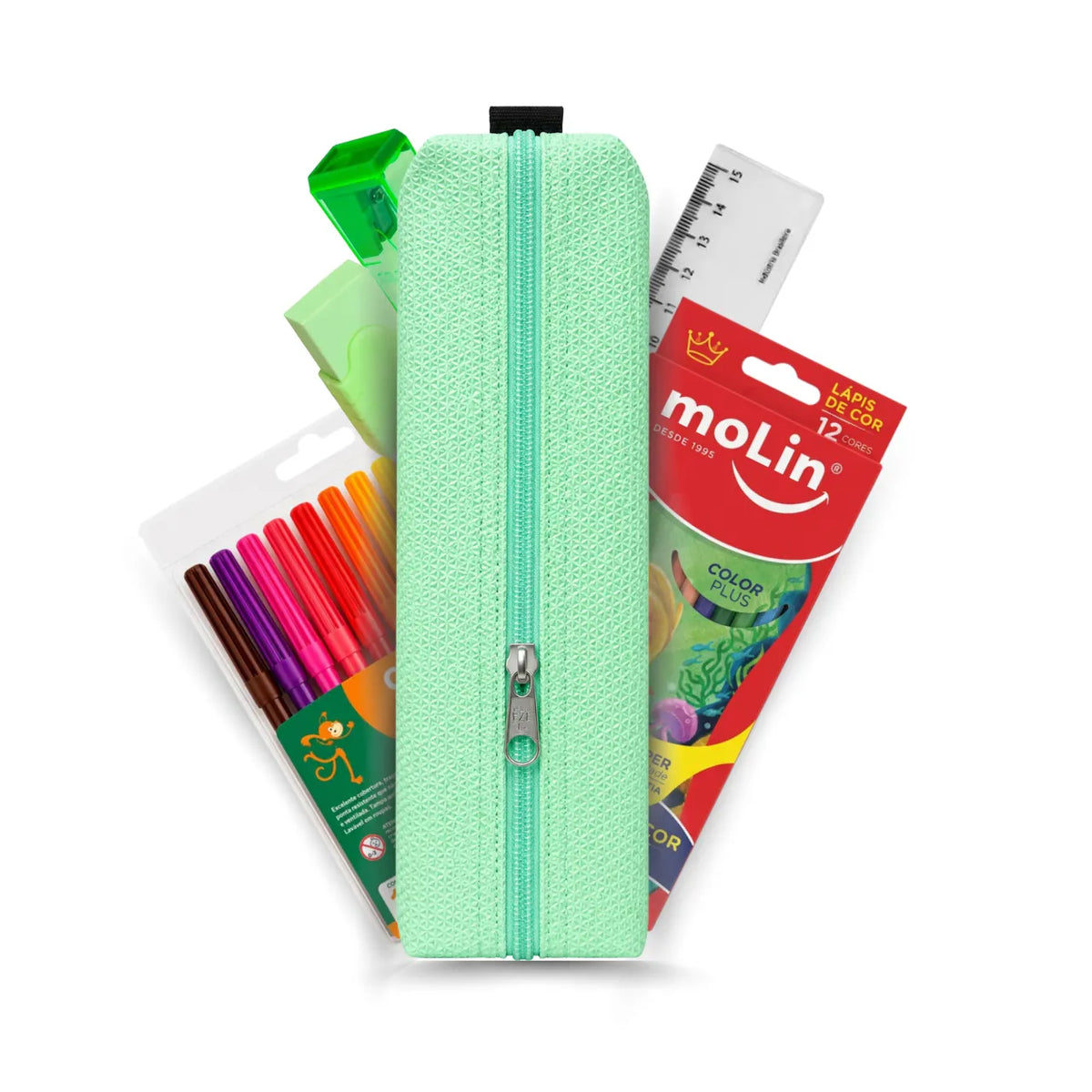Kit Estojo Escolar Verde Acp com 6 Itens de Papelaria
