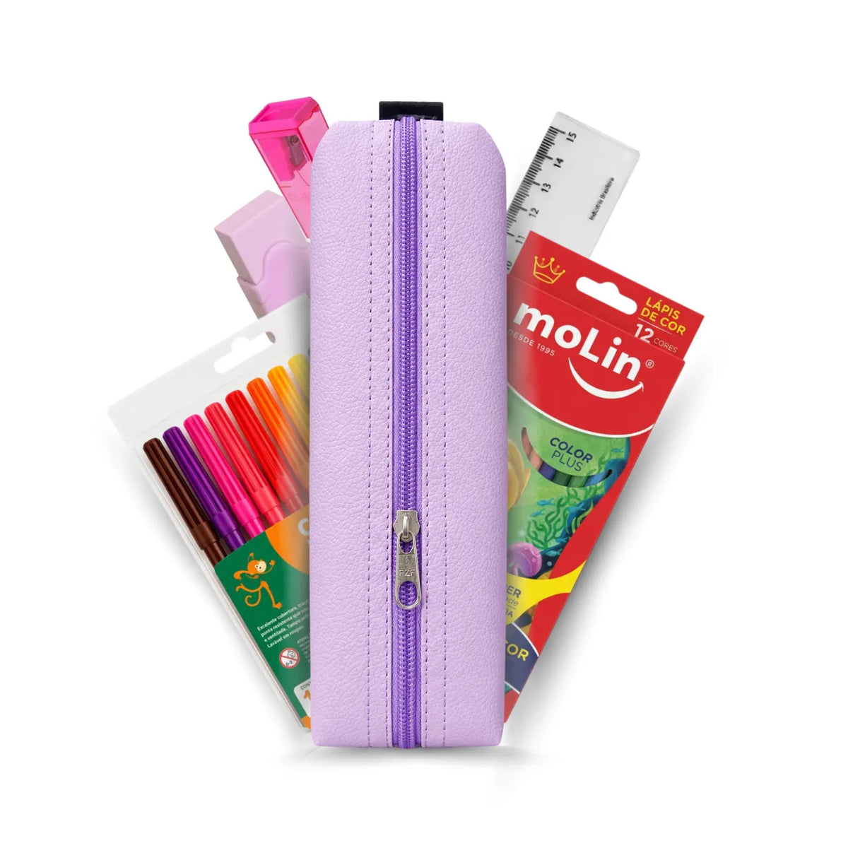 Kit Estojo Escolar Acp Lilás com 6 Itens de Papelaria