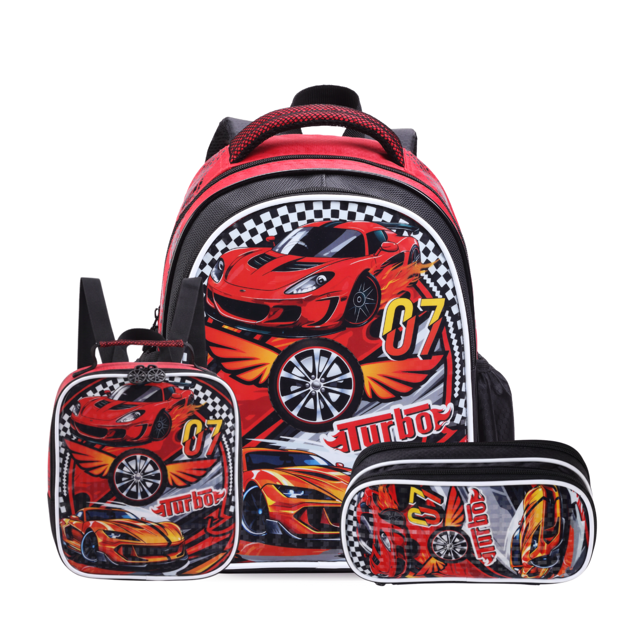 Mochila de Costas Carros Turbo com Lancheira e Estojo