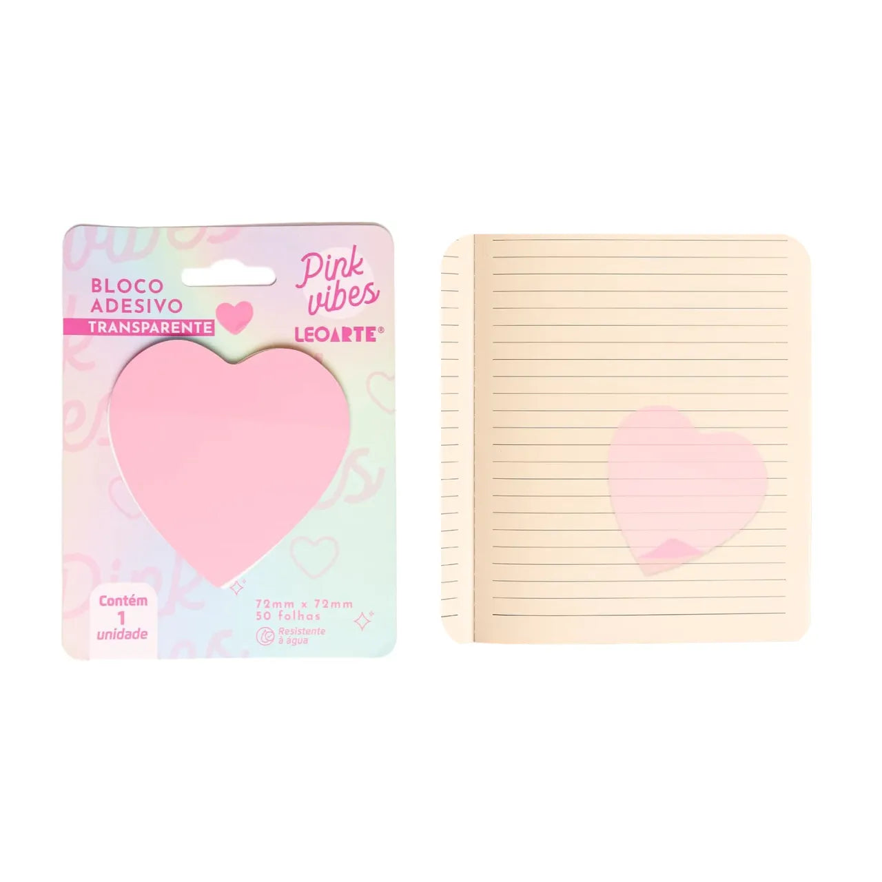 Bloco Adesivo Pink Vibes Transparente Coração 50 Folhas